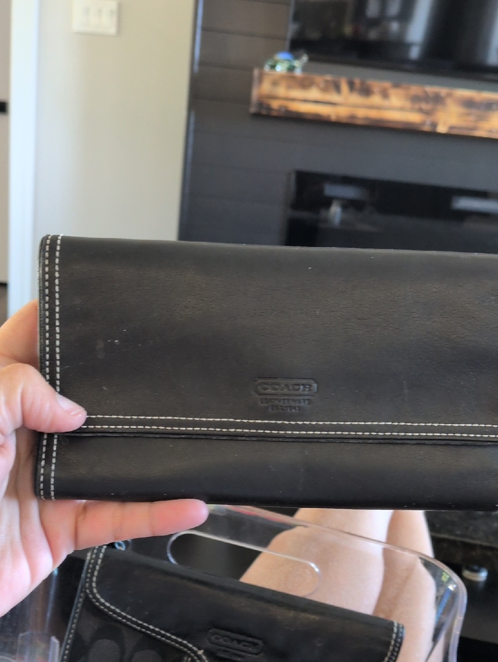 Coach Vintage  Black Leather Continental Wallet with White Stitching